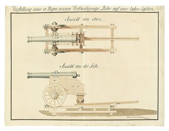 (CANNONS AND MORTARS.) Collection of 11 large and exquisite watercolor drawings of fieldpieces,